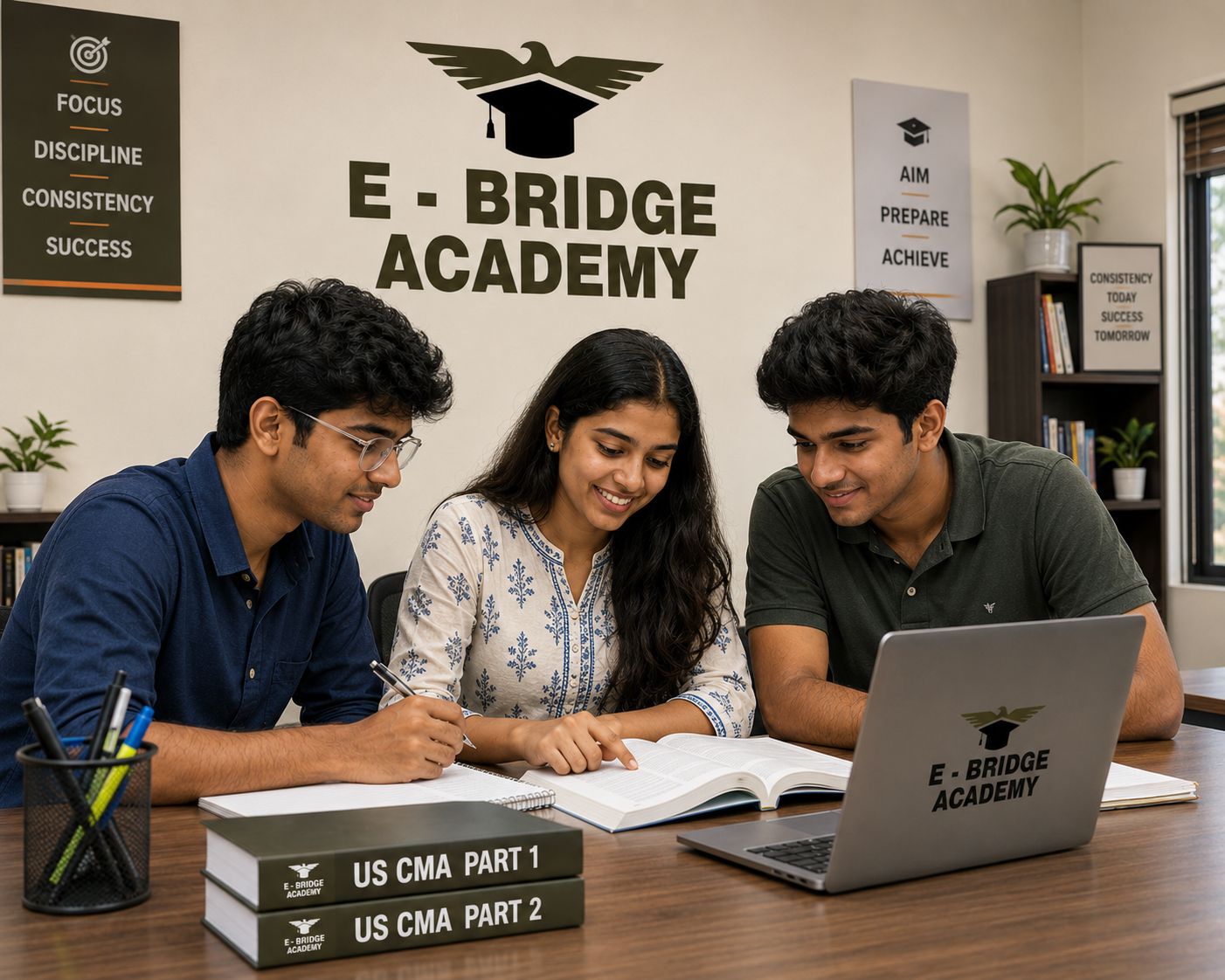 E-BRIDGE Academy students studying US CMA course materials